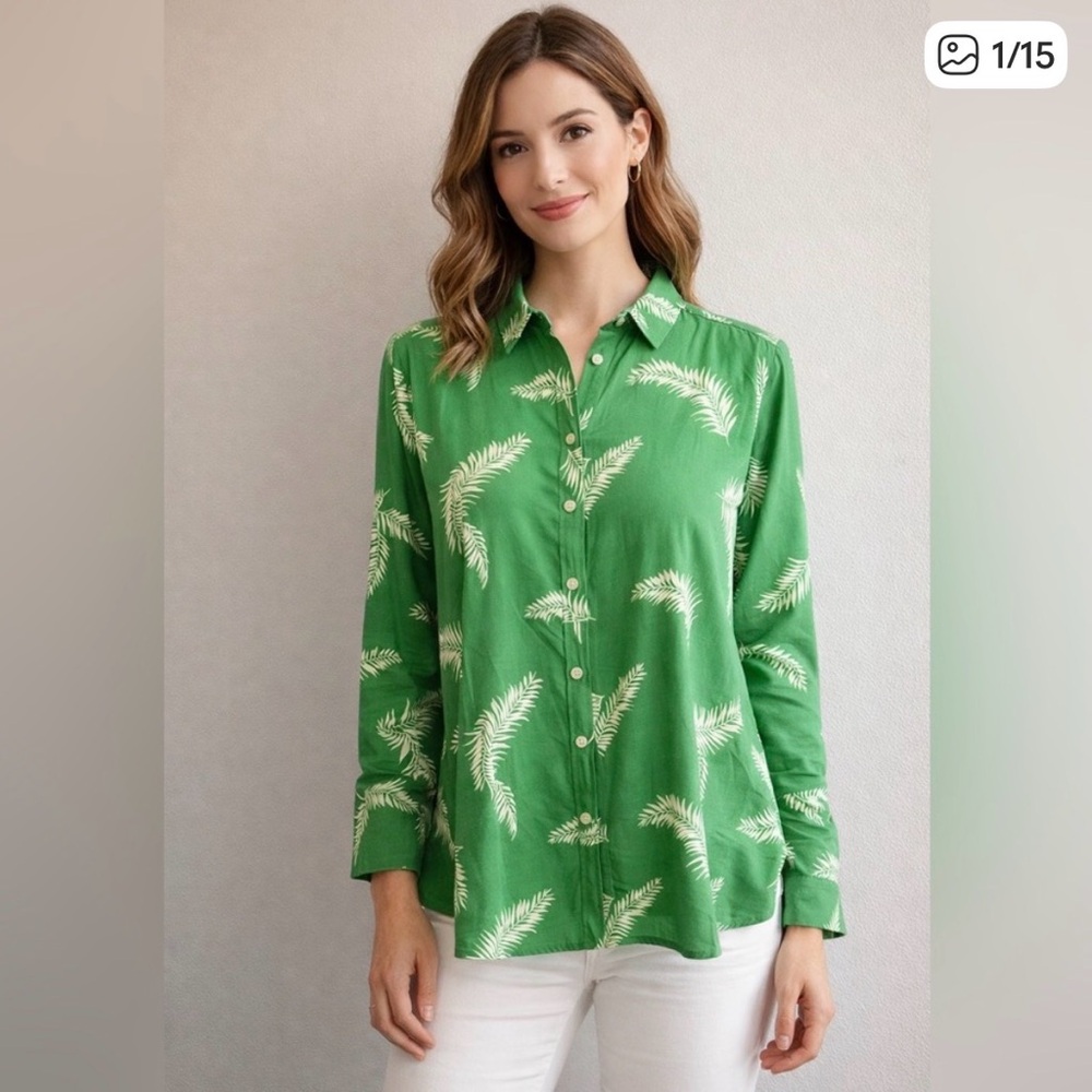 LOFT Green Leaf Print Button Down Shirt NWT